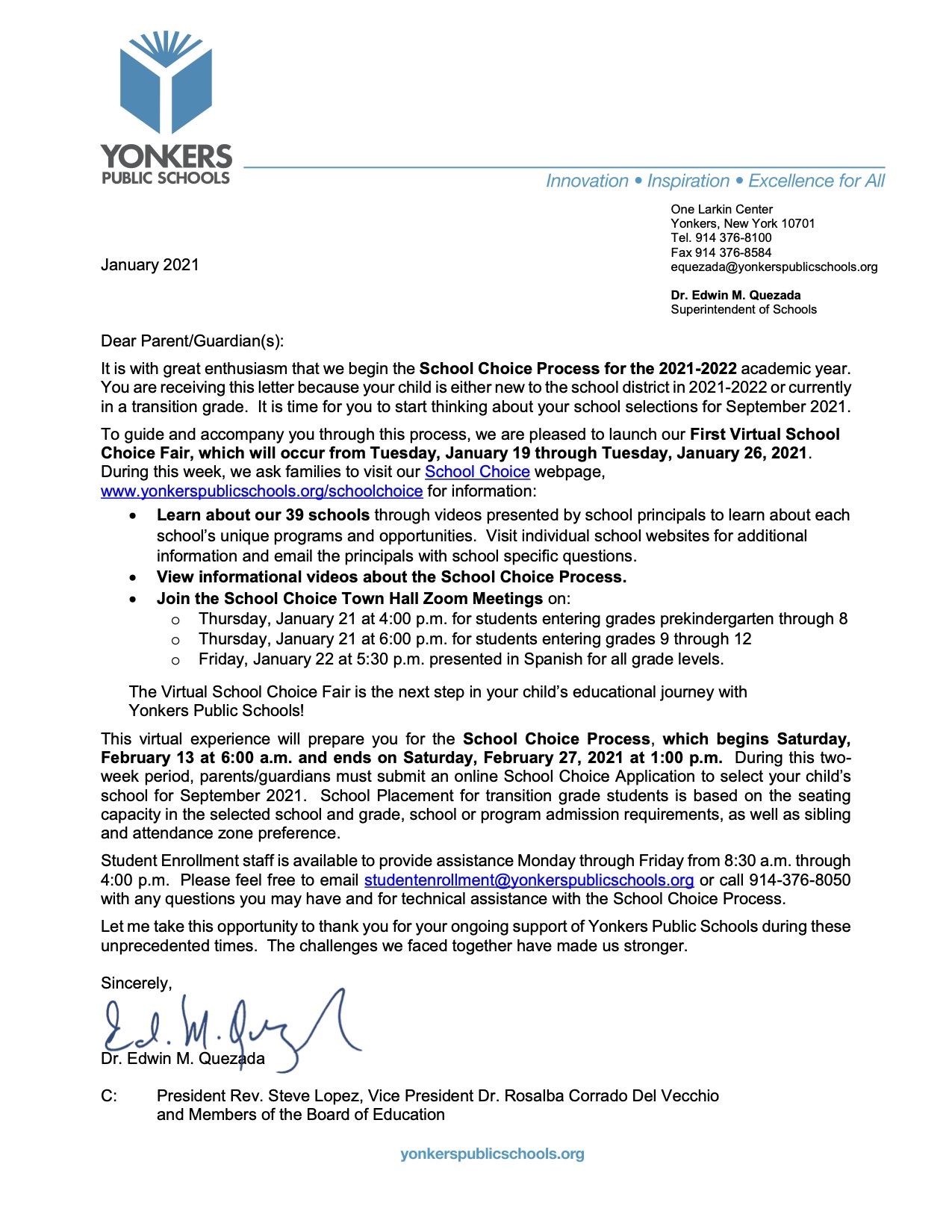 Letter to Families